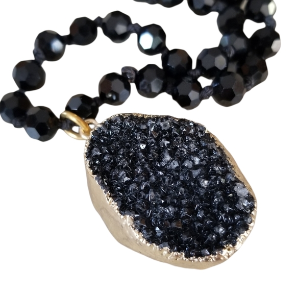 Hand Crafted Glass Bead Necklace With Natural Black Druzy Crystal Pendant - Picture 4 of 16